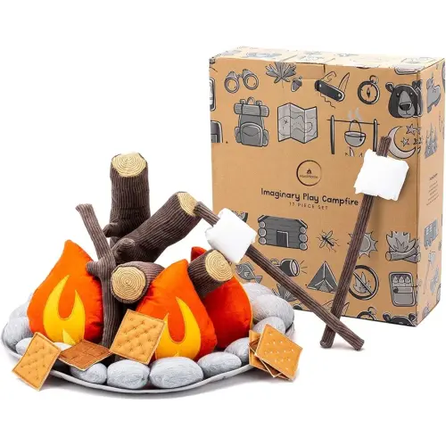 Pretend Campfire for Kids - Sensory Play Camping Toy Set with Plush Fire, Logs and Stones - 17 Piece Camping Playset - Safe, Soft, Fake Campfire for Kids - Felt Campfire Playset for Kids