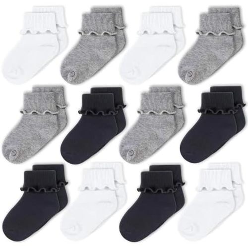 CozyWay Baby Ruffle Socks Baby Girl Turn Cuff Ankle Comfy Cotton Socks Infant - Multi Color - 12 Pack