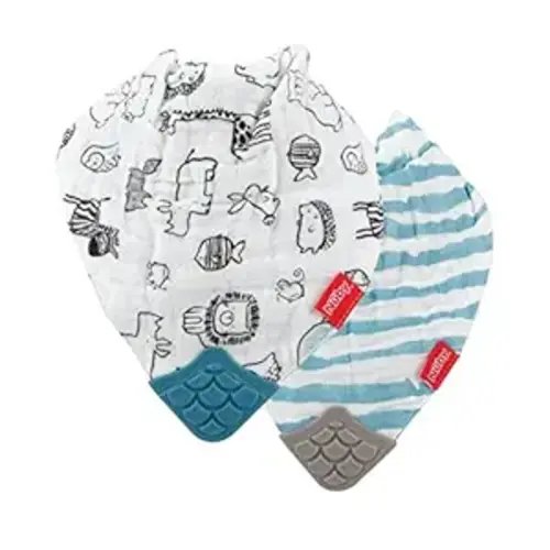 Nuby 100% Natural Cotton Muslin Bib - Bib with Teething Corner (2-Pack) 3+ Months - Zoo