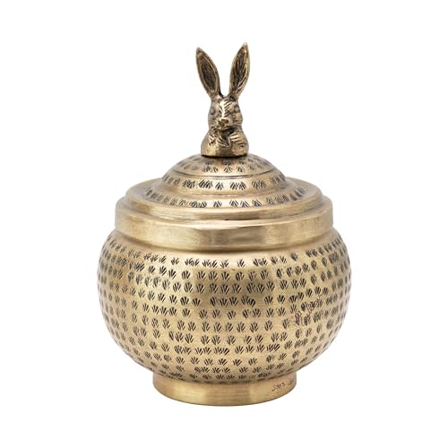Creative Co-Op, Brass Round Hammered Metal Container with Rabbit Finial, Finish