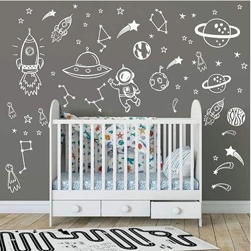 Wall Decor for Boys Room Art Outer Space Star Rockets Planets Stickers Removable Space Wall Decal for Children Bedroom Decoration (White)