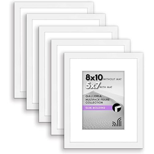 Americanflat 8x10 Picture Frame with Polished Plexiglass - Set of 5 - Use as 5x7 Frame with Mat or Display 8x10 Photo Without Mat - Galleria Collection - Picture Frames for Tabletop and Wall - White