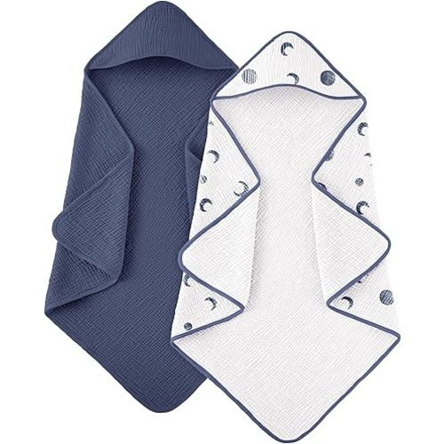 Susurration Hooded Baby Towels for Newborn 2 Pack 100% Muslin Cotton Towel for Babies，Highly Absorbent and Newborn Essential 30x30 Inch Moon&Royal Blue
