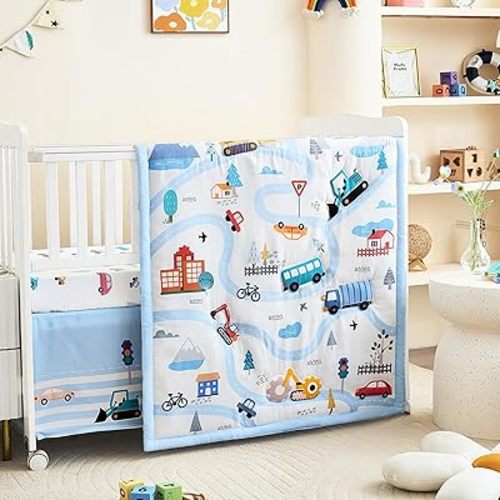 3-Piece Crib Bedding Set for Boys Girls - Soft & Skin Friendly Baby Bedding Set Includes Crib Comforter, Sheet & Crib Skirt (Light Blue)