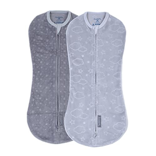 SwaddleMe by Ingenuity Compression Baby Swaddle Pod in Velboa, Two-Way Zipper for Easy Diaper Changes, Improves Sleep & Calms Startle Reflex, 0-2 Months, 1.0 TOG, 2-Pack - Clouds & Stars