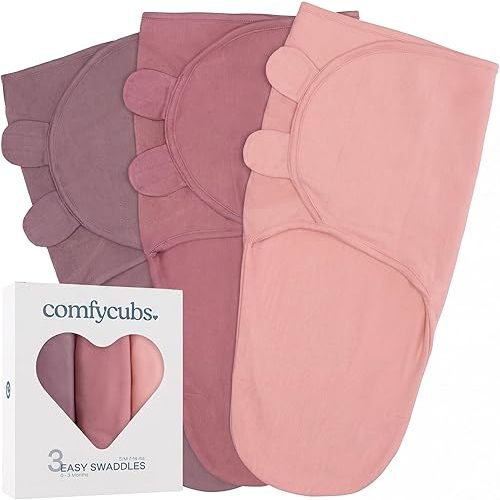 Comfy Cubs Easy Swaddle Blanket, 3 Pack - 100% Cotton Newborn Wrap, Small for 0-3 Months Infants, Breathable and Durable Sleep Sack for Babies - Blush, Mauve & Mulberry
