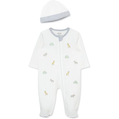 Little Me Gender Neutral Clothes for Baby 2-Piece 100% Cotton Scratch-Free Tag Footie Sleeper and Cap Sets, Preemie to 9M