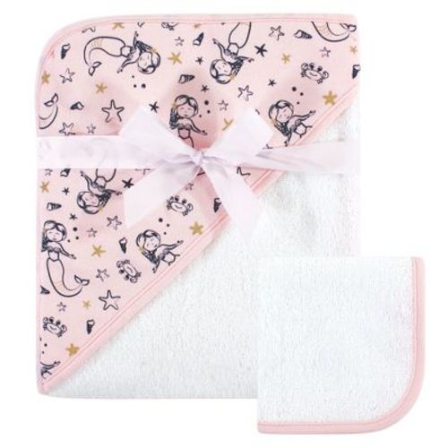Hudson Baby Infant Girl Cotton Hooded Towel And Washcloth 2pc Set, Mermaid, One Size