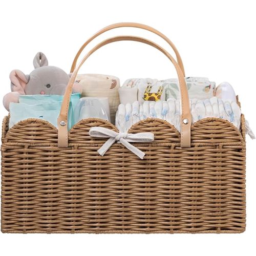 HBlife Baby Diaper Caddy Organizer, Large Portable Scalloped Plastic Wicker Woven Basket with Divider, Nursery Diaper Station, Baby Shower Gifts Basket, Car Organizer, Washable Waterproof