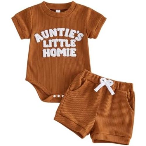 Aunties Little Homie Baby Clothes Newborn Boy Short Sleeve Letter Romper and Waffle Shorts Sets 2Pcs Summer Outfit