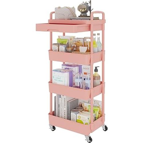 4-Tier Rolling Utility Cart with Drawer,Multifunctional Storage Organizer with Plastic Shelf & Metal Wheel,Storage Cart for Kitchen,Bathroom,Living Room,Office,Pink