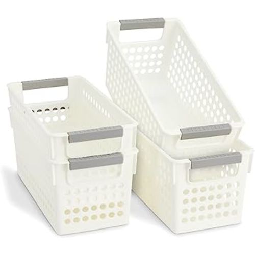 Farmlyn Creek 4 Pack White Plastic Baskets with Gray Handles, Narrow Storage Bins for Organizing, Kitchen Shelves, Small Nesting Containers (11.5 x 5 x 5 inch)