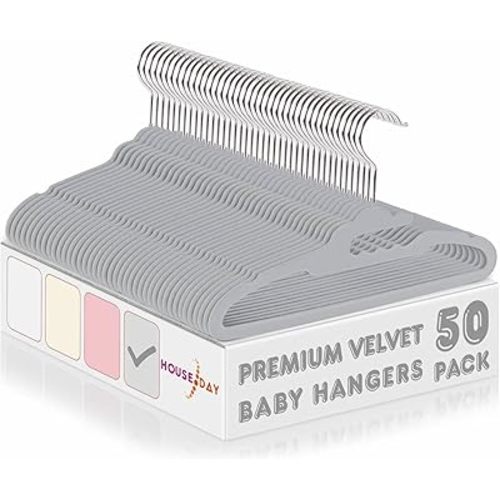 HOUSE DAY Premium Baby Velvet Hangers 50 Pack for Kids, Non Slip Baby Clothes Hangers for Closet, 11 Inch Children's Hanger Space Saving on Baby Organization, Gray