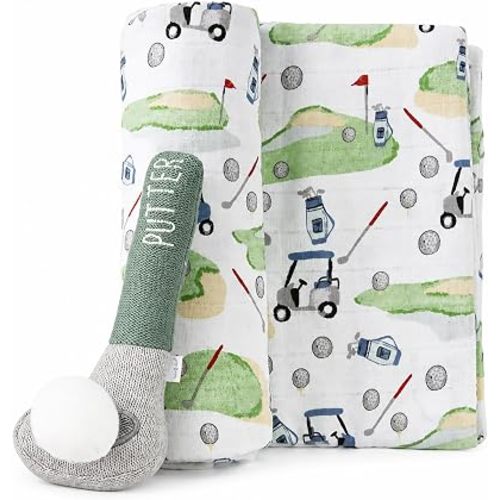 Mud Pie Golf Swaddle Blanket and Rattle Set, Cotton Muslin Baby Blanket with Knit Golf Toy