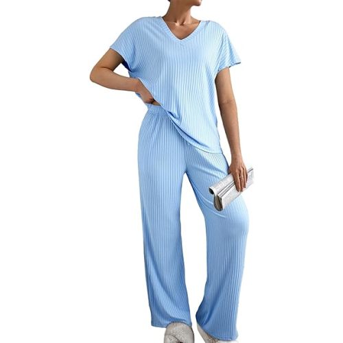SHEWIN Women's Pajama Sets Long Sleeve Short Sleeve 2 Piece Lounge Sets Ribbed Knit Sweater Sleepwear