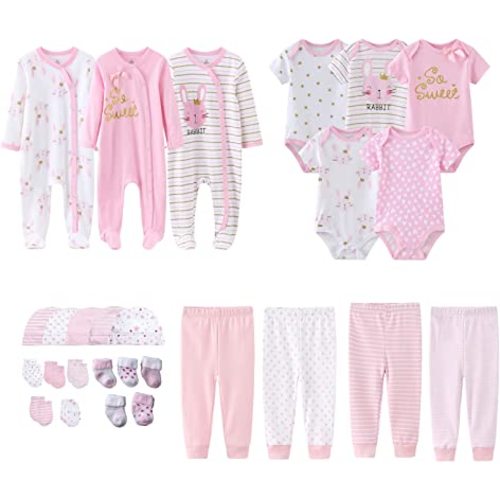 MAMIMAKA Newborn Layette Gift Set 27-Piece Baby Girl Clothes Bodysuits, Pants Essentials and Accessories 0-6Months