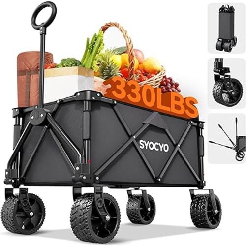 Collapsible Foldable Wagon Cart, Heavy Duty Folding Wagon with 330lbs Weight Capacity, Beach Wagon with All-Terrain Wheels Utility Garden Cart for Camping, Sports, Beach and Shopping, Grey