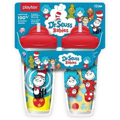 Playtex Baby Sipsters Stage 3 Straw Cups, Dr. Seuss Cat in the Hat 3D Graphics, 9 Oz, 2 Count - Spill-Proof, Leak-Proof, and Insulated