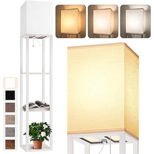 Floor Lamp with Shelves for Living Room White, Shelf Floor Lamp with 3 CCT LED Bulb, Corner Display Standing Column Lamp Etagere Organizer Tower Nightstand with White Linen Shade for Bedroom, Office