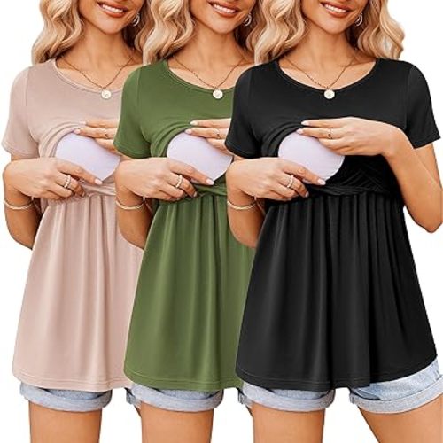 Ekouaer Womens 3 Packs Scoop Neck Nursing Tops Casual Maternity Breastfeeding Tee Shirts （Black&Pink&Army Green-gp1）