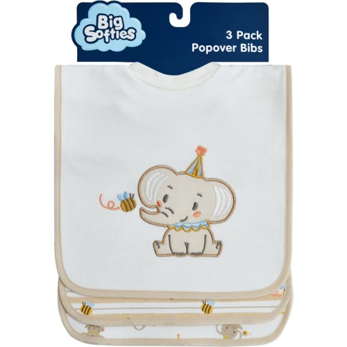 Big Softies Baby Popover Bibs 3 Pack - Elephant - Beige - Size Onesize