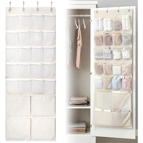 SATINIOR Canvas Over The Door Closet Organizer with 20 Mesh Pockets 4 Large Pockets Multifunctional Closet Hanging Storage Organizer with 4 Pcs Metal Hooks for Pantry Laundry Bathroom Nursery