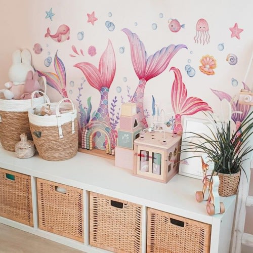 Girls&#39; Bedroom Wall Decals-Mermaid Tail Wall Sticker,Ocean Mural,Nursery Wall Sticker,Pink Mermaid Tail Wall Sticker for Girls