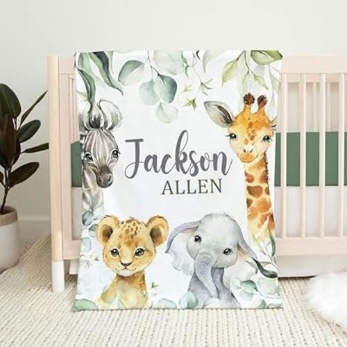 Personalized Safari Animal Baby Blanket with Name for Boys, Jungle Animal Baby Name Blanket