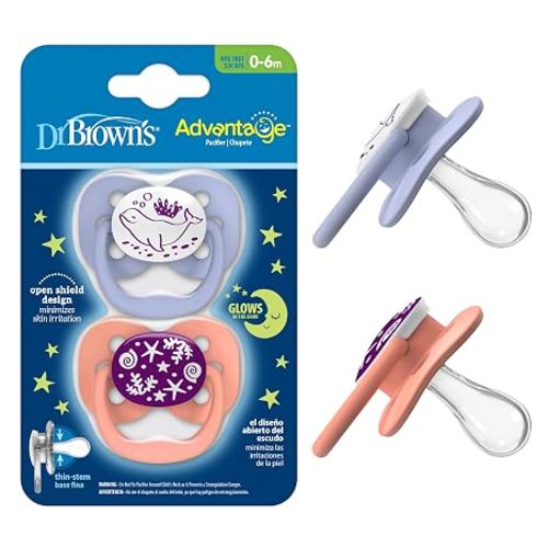 Dr. Brown's Advantage Glow-in-the-Dark Baby Pacifier, Fully Symmetrical Soother with Soft Silicone Bulb, Blue Sunrise-Blue Ocean, 0-6m, BPA Free, 4 Pack