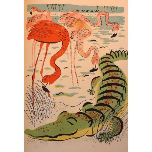 Alligator and Friends Florida Scenery framable print Flamingos Wall Art beach decor, pastel colors retro