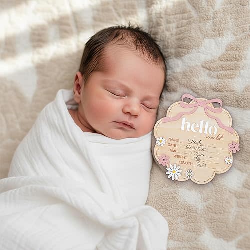TTMerriwood Hello World Wooden Baby Birth Announcement Sign with Pink Bow, Cloud Shape Floral Newborn Name Date Time Weight Length Board, Baby Girl Nursery Photo Prop (Light Pink)