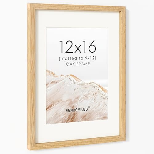 12x16 Picture Frame, USA-Sourced Natural Oak Wood Photo Collage Frame with HD Tempered Glass, Modern Simple 12 x 16 Wooden Frame Matted to 9x12, Vertical & Horizontal Wall Hanging Display