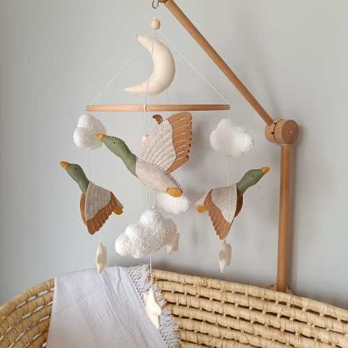 Baby crib mobile with geese and clouds, baby shower gift, duck mobile for nursery
