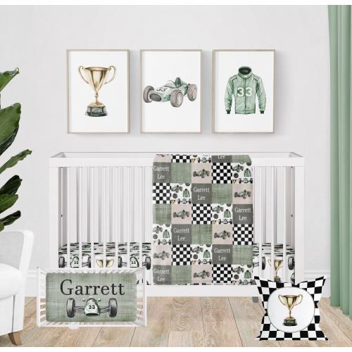 Race Car Crib Bedding Set – Baby Boy Racing Nursery, Racecar Crib Set, Vintage Race Car Baby Bedding, Custom Name Blanket, Baby Shower Gift