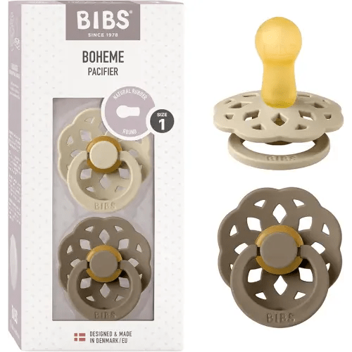 BIBS Pacifiers - Boheme Collection | BPA-Free Baby Pacifier | Made in Denmark | Set of 2 Vanilla/Dark Oak Color Premium Soothers | Size 0-6 Months