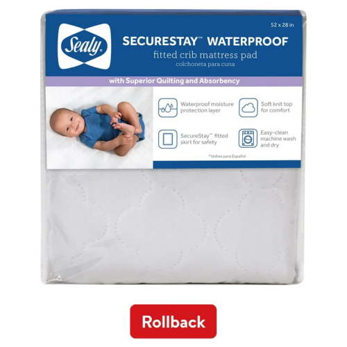 Sealy SecureStay Waterproof Crib Mattress Pads, Easy Clean Washable, Crib, White, 1.1 lb.