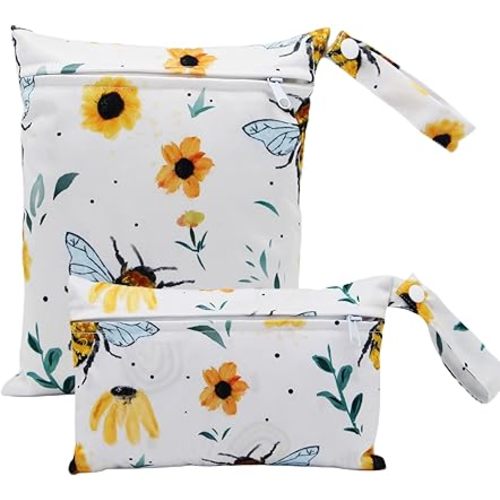 2 Pack Cute Little Wet Dry Bags for Baby Diapers & Breast Pump Parts, Waterproof Reusable Wet Bag with Handle, Beach Pool Gym Bag Stroller Yoga Toiletries Daycare Organizer, 7.9"*9.8"/5.9"*8.9"