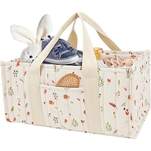 Baby Nappy Caddy Organizer Stylish Nursery Storage Basket Portable Baby Diaper Caddy Organizer for Newborn Essentials Nursery Shower Present for Girl or Boy Woodland Cream