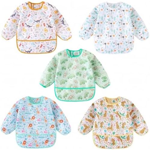 Long Sleeved Bibs, Pack of 5,Lightweight Waterproof Shirt Bibs for Baby Toddler 6-30 Months