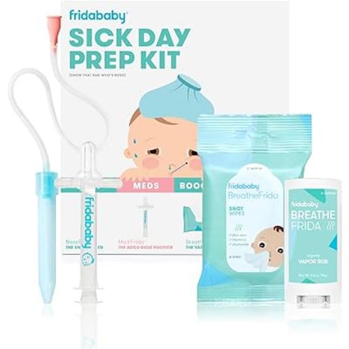 Frida Baby Sick Day Prep Kit, Sick Baby Essentials Includes NoseFrida Nasal Aspirator, MediFrida Pacifier Medicine Dispenser, Breathefrida Vapor Chest Rub + Snot Wipes, Soothe Stuffy Noses for Babies