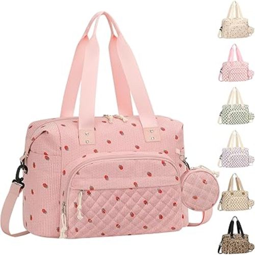 Tenot Corduroy Diaper Bag Tote, Baby Bag Travel Diaper Tote Bag with Pacifier Case, Large Tote Diaper Bag for Women, Baby Diaper Bags For Baby Girl Boy Mom Maternity Hospital Bag, Pink Strawberry