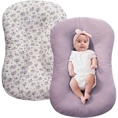 FUNUPUP Muslin Baby Lounger Cover Compatible with Snuggle Me Lounger, Infant Pillow Cover for Newborn, Removable Nest Slipcover for Boys and Girls, Only Cover, Purple&Purple Floral