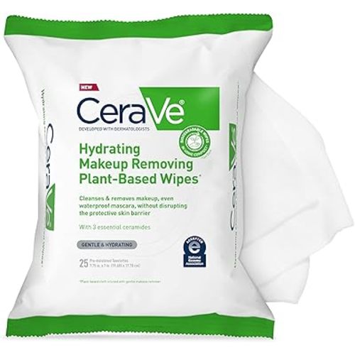 CeraVe Hydrating Facial Cleansing Makeup Remover Wipes, Plant Based Face Wipes, Biodegradable in Home Compost, Face Wash Cloth, Suitable for Sensitive Skin, Fragrance-free Non-comedogenic, 25 Count