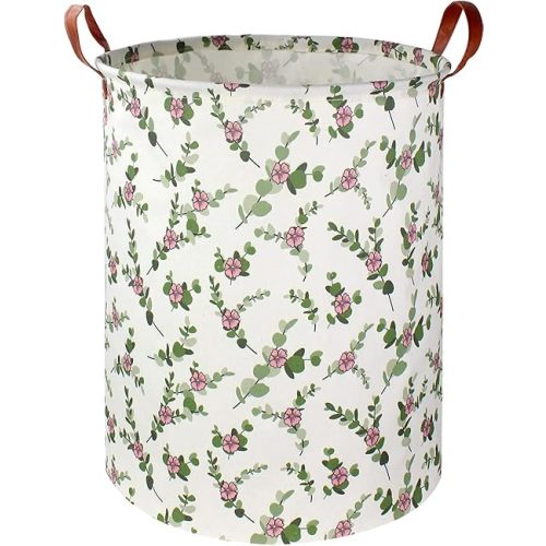 Large Round Canvas Linen Laundry Hamper,Waterproof Storage Bin for Toys,Books,Clothes,Pets, Laundry Basket, Gift Basket(Eucalyptus leaves)