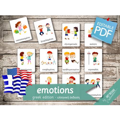 EMOTIONS GREEK Edition • 18 Greek and 18 English Editable Montessori Cards • Flash Cards  Nomenclature Cards preschool PDF Printable Cards