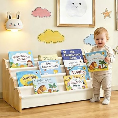 4-Tier Kids Bookshelf, Wooden Sling Toddler Bookshelf for Kids Rooms, Montessori Book Shelf with Fabric Storage Pockets, Nursery Book Shelves for Nursery, Playroom, Classroom or Bedroom