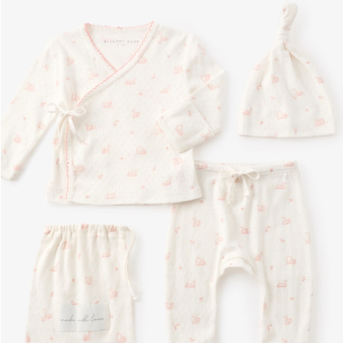Pink Swan Print Organic Cotton Pointelle Layette 3 Pc Gift Set – Elegant Baby
