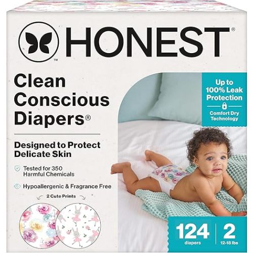 The Honest Company Clean Conscious Diapers for Sensitive Skin | Hypoallergenic, Fragrance Free | Girl Prints | Super Club Box, Size 2 (12-18 lbs), 124 Count (Packaging + Prints May Temporarily Vary)