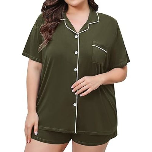 SWOMOG Women's Plus Size Pajamas Set Button Down Tops Short Sleeve Sleepwear Soft Pajama Shorts 2 Pcs Lounge Sets With Pocket
