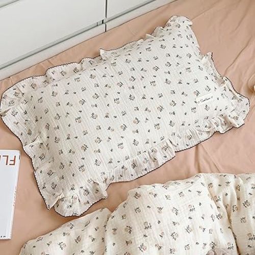 BuLuTu Cotton Muslin Ruffle Edge Kids Toddler Pillowcase with Cute Rose Flowers Super Soft Crib Nursery Pillowcase for Boys,Girls,Bedding Decor Machine Washable, Durable Pillowcase,1 Piece,12"x20"